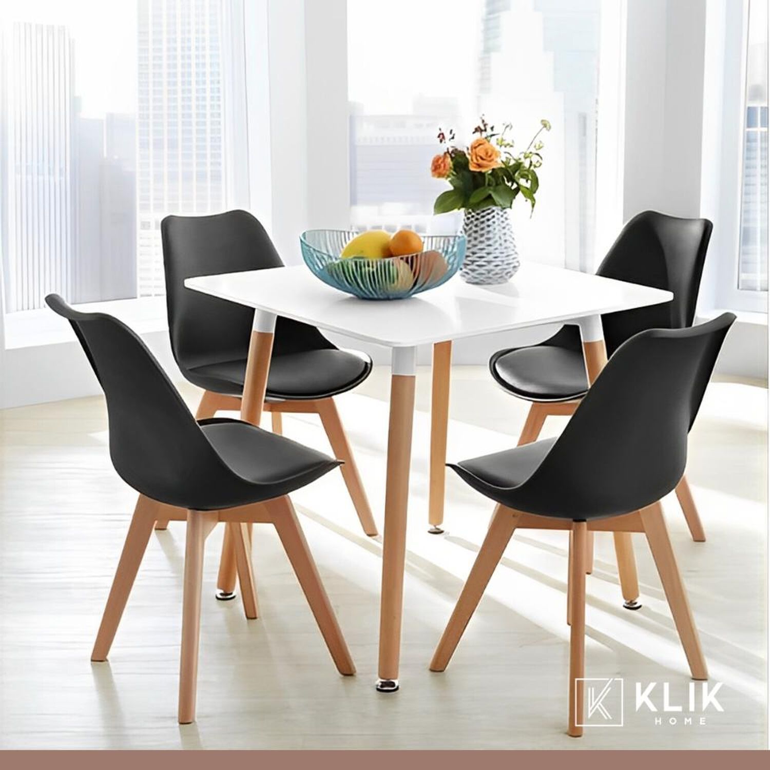 Comedor Mesa Eames Cuadrada Blanca + 4 Sillas Tulip Negras image number 1.0