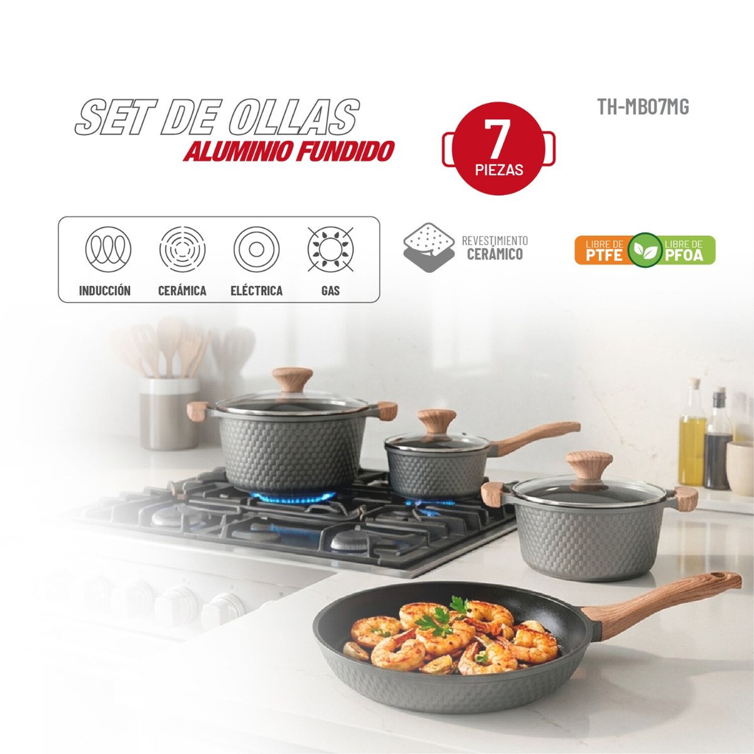Bater&iacute;a De Cocina Thomas Th Mb07gm 7 Piezas Aluminio Fundido Juego Set De Ollas Y Sart&eacute;n Antiadherente Cer&aacute;mico Efecto M&aacute;rmol Mangos Apto Inducci&oacute;n image number 2.0