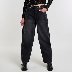 Jeans Tiro Medio Barrel Con Cinturón Mujer Rolly Go Jeans Tiro Medio Barrel Con Cinturón Mujer Rolly Go