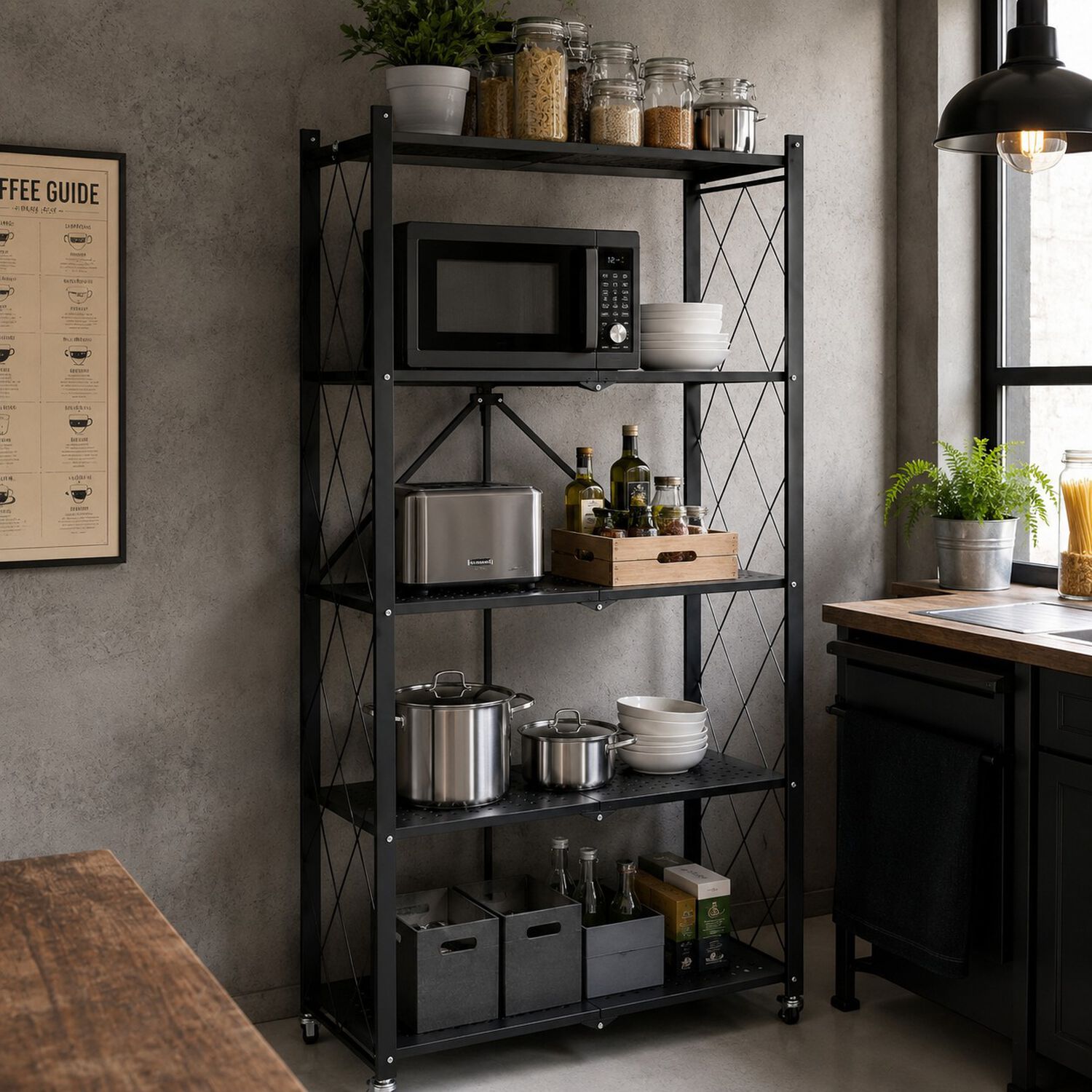 Estante Plegable 5 Niveles Organizador Cocina Acero Carbono Negro image number 0.0