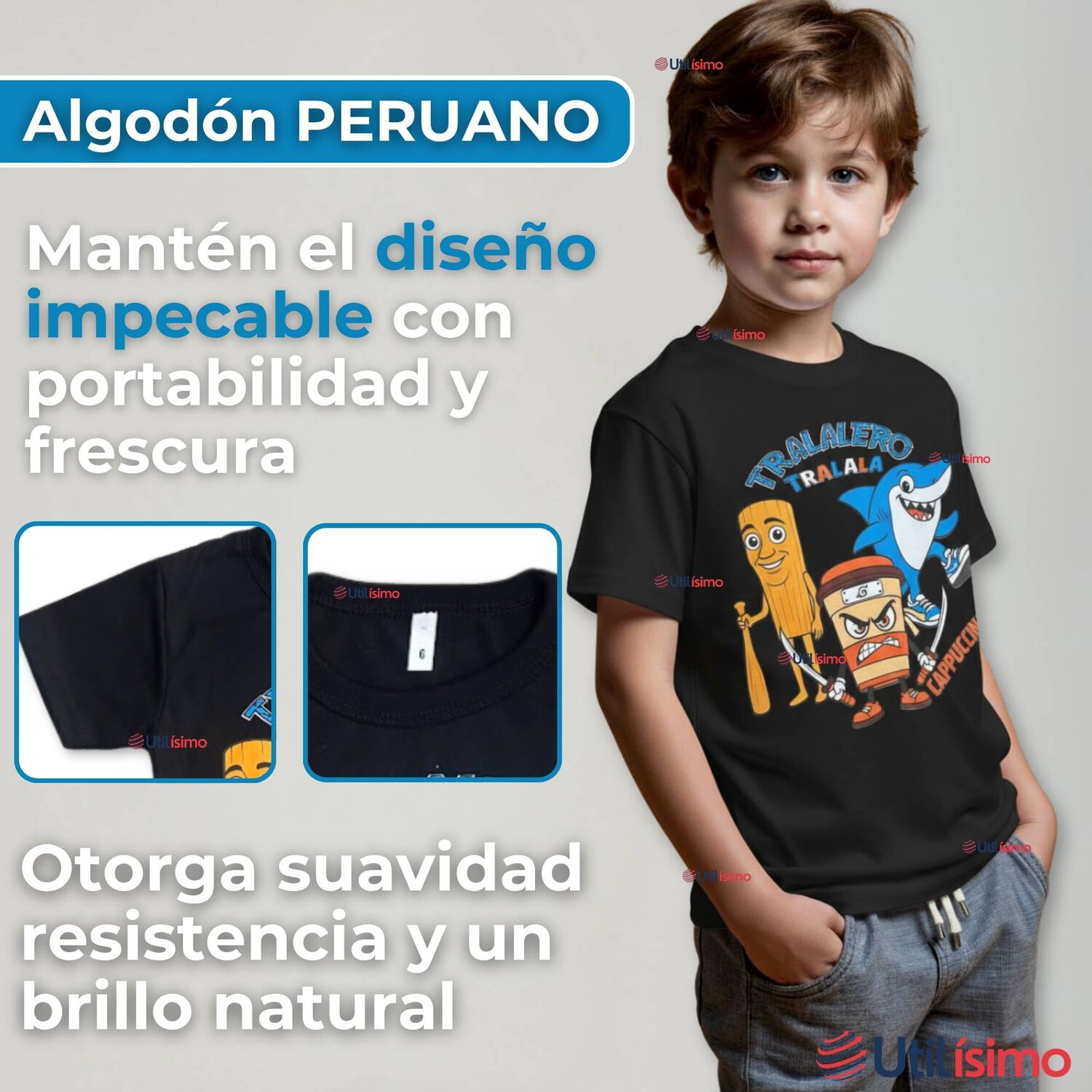 Polera Brainrots 100% Algod&oacute;n Manga Corta Ni&ntilde;o Tralalero Negro image number 1.0