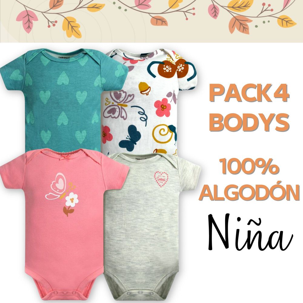 Pack 4 Bodys Ni&ntilde;a Manga Corta Tedmimak 100% Algod&oacute;n Mariposas Rosa image number 4.0