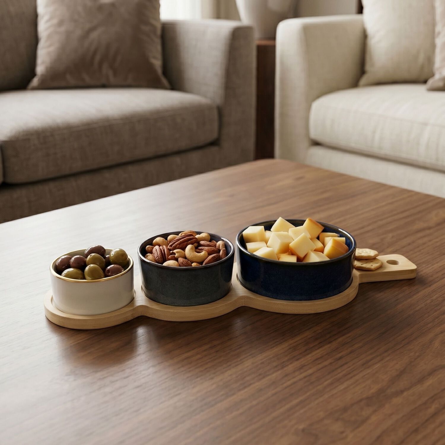 Set 3 Bowls Ceramica En 3 Tamanos Con Bandeja Bamboo Con Asa 35 Cm image number 2.0