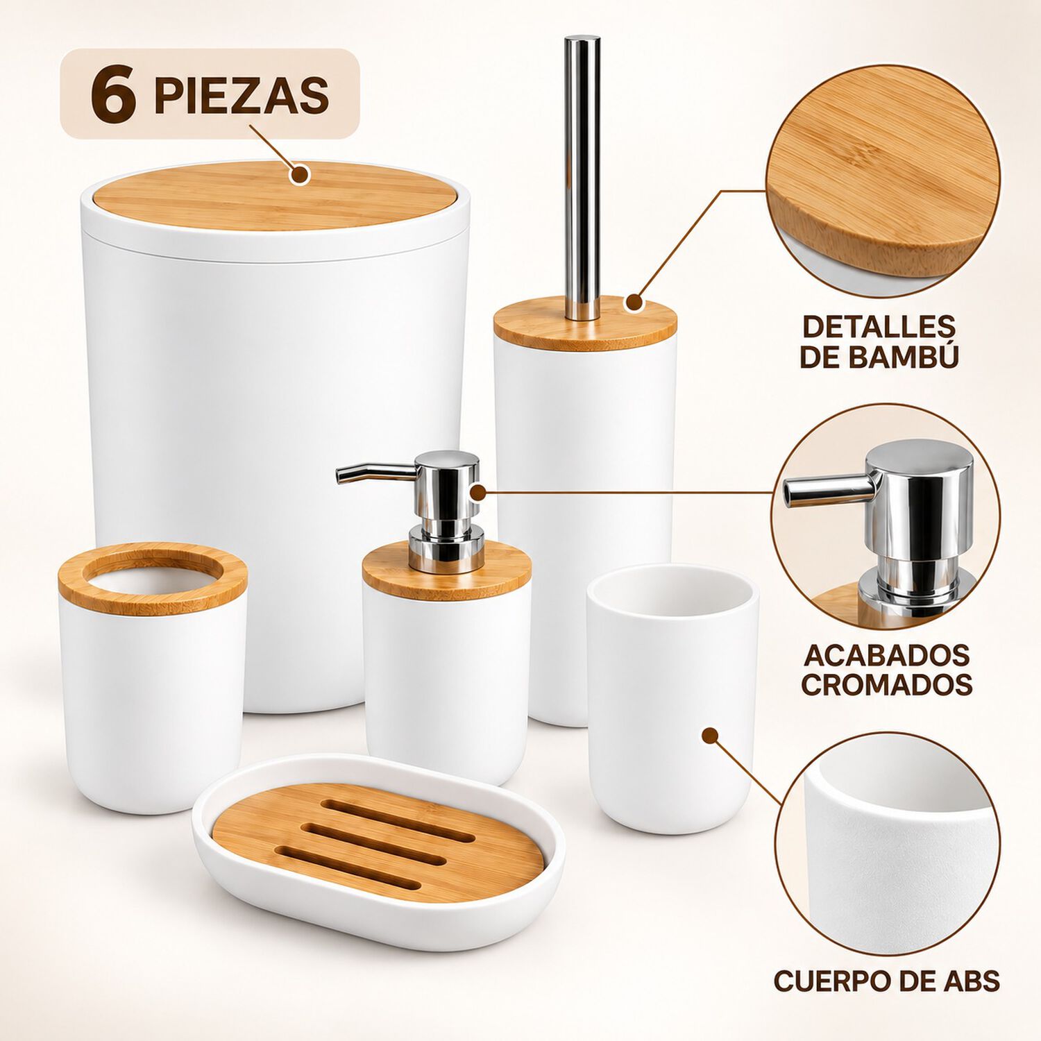 Set De Ba&ntilde;o Completo 6 Piezas De Abs Y Bambu Con Basurero Dispensador Y Escobilla Color Blanco image number 6.0