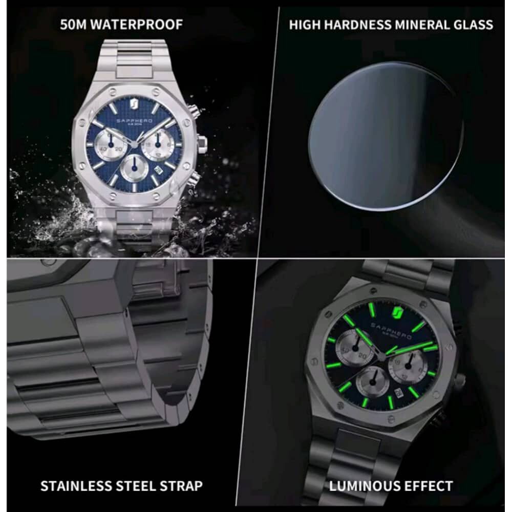 Reloj Sapphero Hombre Cronografo Acero Inoxidable Cuarzo image number 3.0