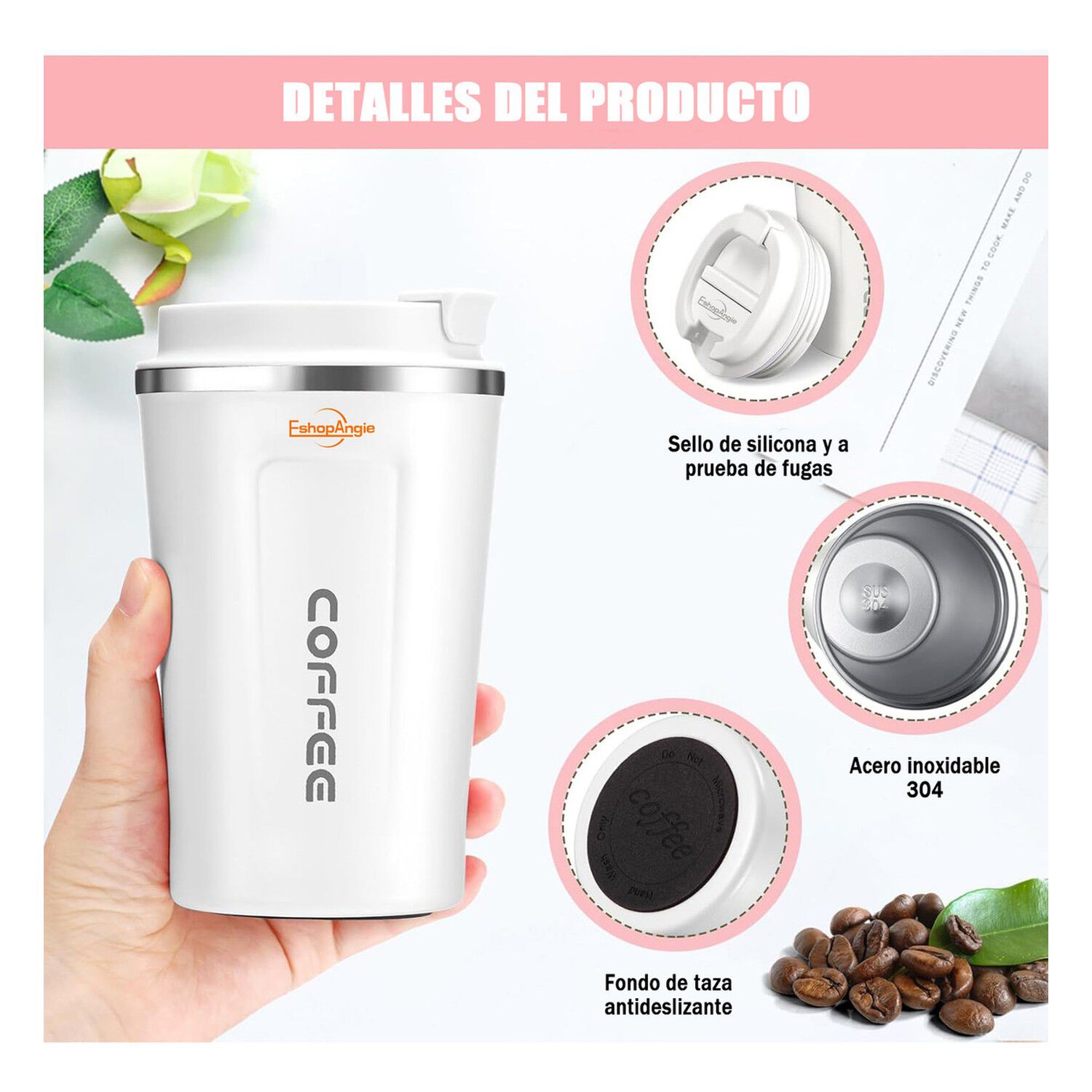 Termo Mug Caf&eacute; 380ml Acero Inoxidable Port&aacute;til Blanco image number 1.0