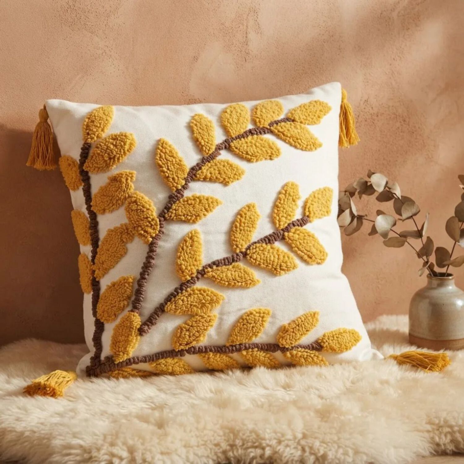 Set De 2 Cojines Boho Ramas De Oto&ntilde;o Mostaza 45 45 Cm image number 1.0