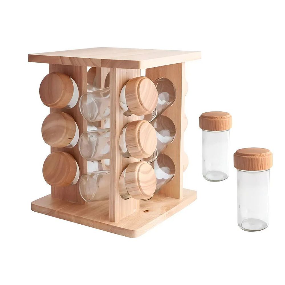 Especiero De Madera Cocina 12 Frascos De Vidrio image number 0.0