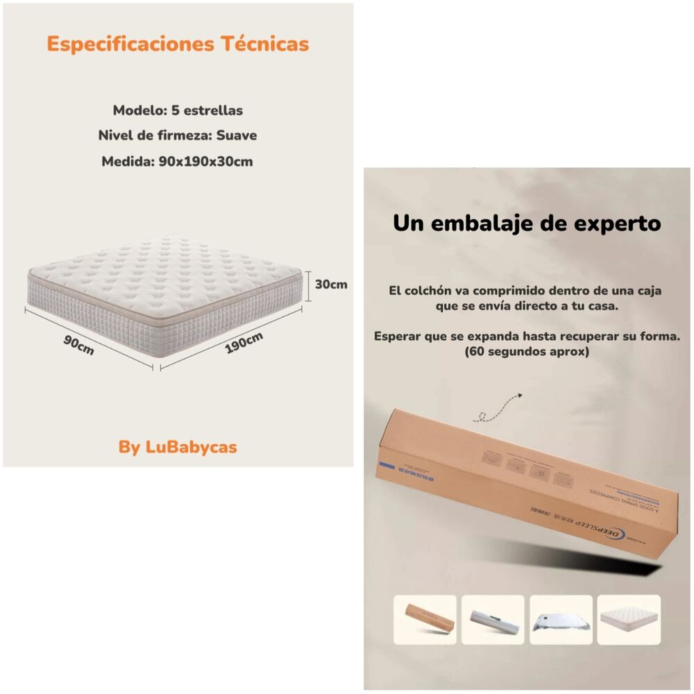 Colch&oacute;n 1 Plaza 90x190x30cm Comprimido Pocket Lubabycas image number 6.0