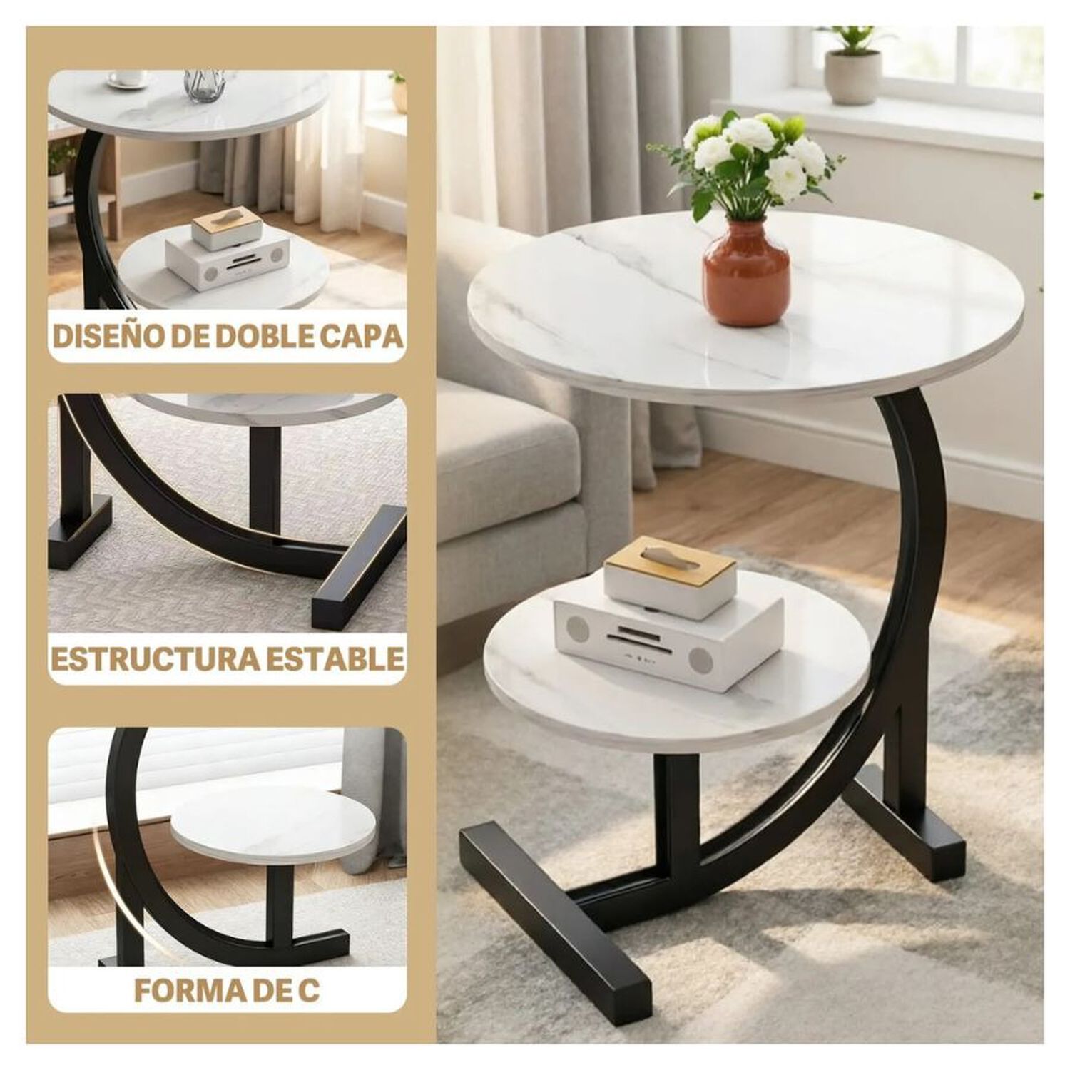Mesa Auxiliar En Forma De C Redonda De 2 Niveles Living Blanca image number 3.0