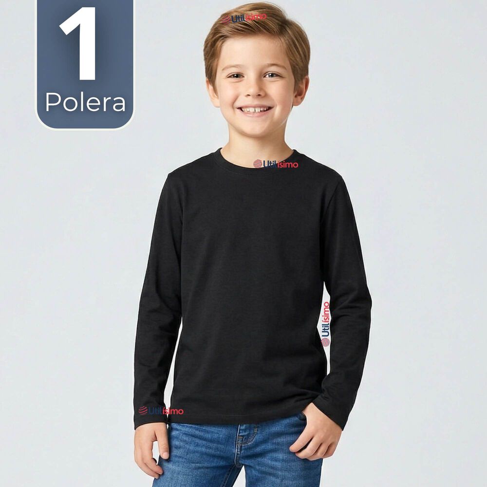 Polera Camiseta Bamb&uacute; Negra Cuello Redondo Primera Capa Manga Larga Ni&ntilde;o image number 0.0