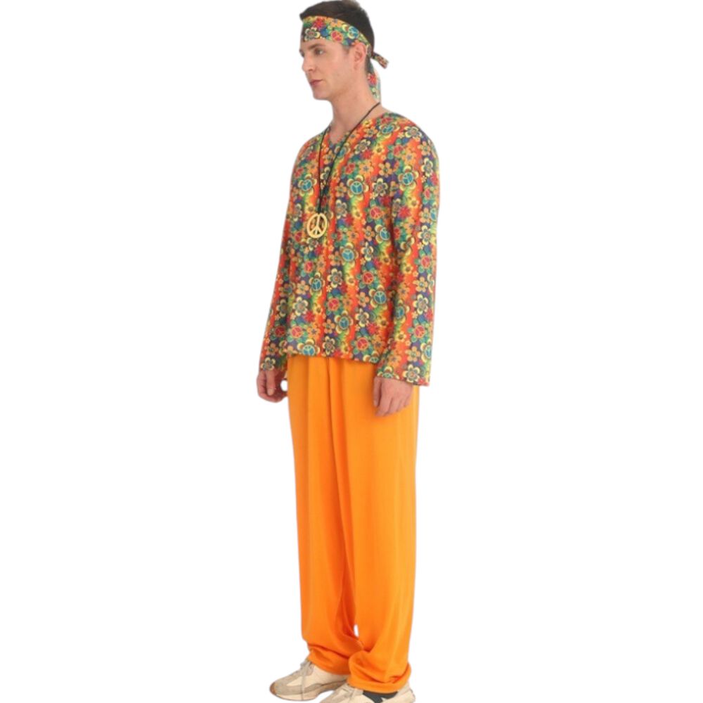 Disfraz Hippie Hombre Con Pantal&oacute;n Naranja Y Camisa Floreada Set Completo Para Fiestas Tem&aacute;ticas Y Disfraces Halloween image number 2.0