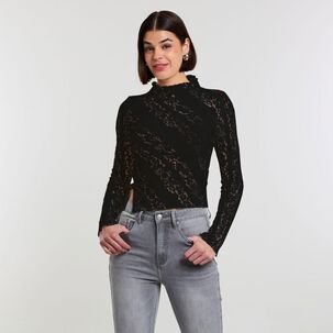 Polera Encaje Manga Larga Cuello Alto Mujer Rolly Go