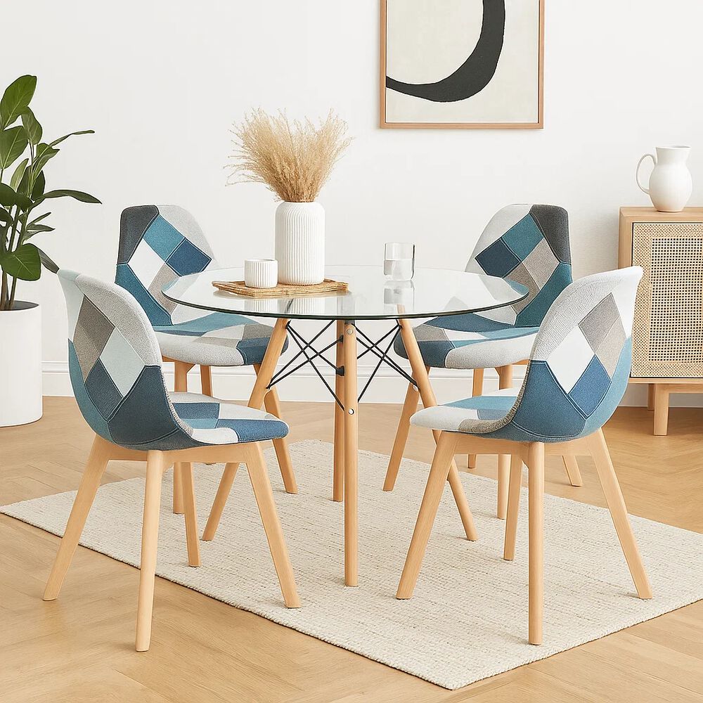 Comedor Mesa Eames Redonda Vidrio 100cm + 4 Sillas Eames Patchwork Tela Wood Celeste image number 2.0