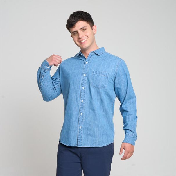 Camisa Lisa Denim Slim Manga Larga Hombre Skuad