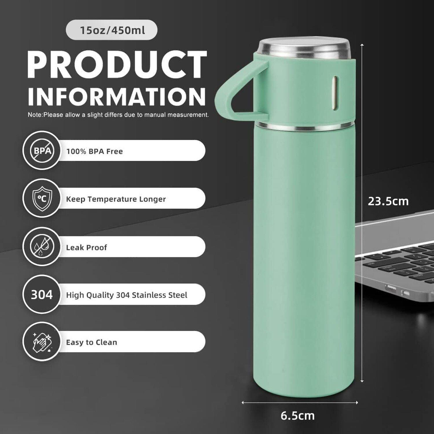 Termo Acero Inox 500ml Verde 3 Tazas Aisladas Caliente Fr&iacute;o image number 4.0