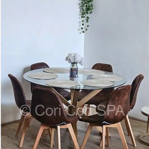 Comedor Warwick 120cm + 6 Sillas Capitonne Ecocuero Vintage Cafe