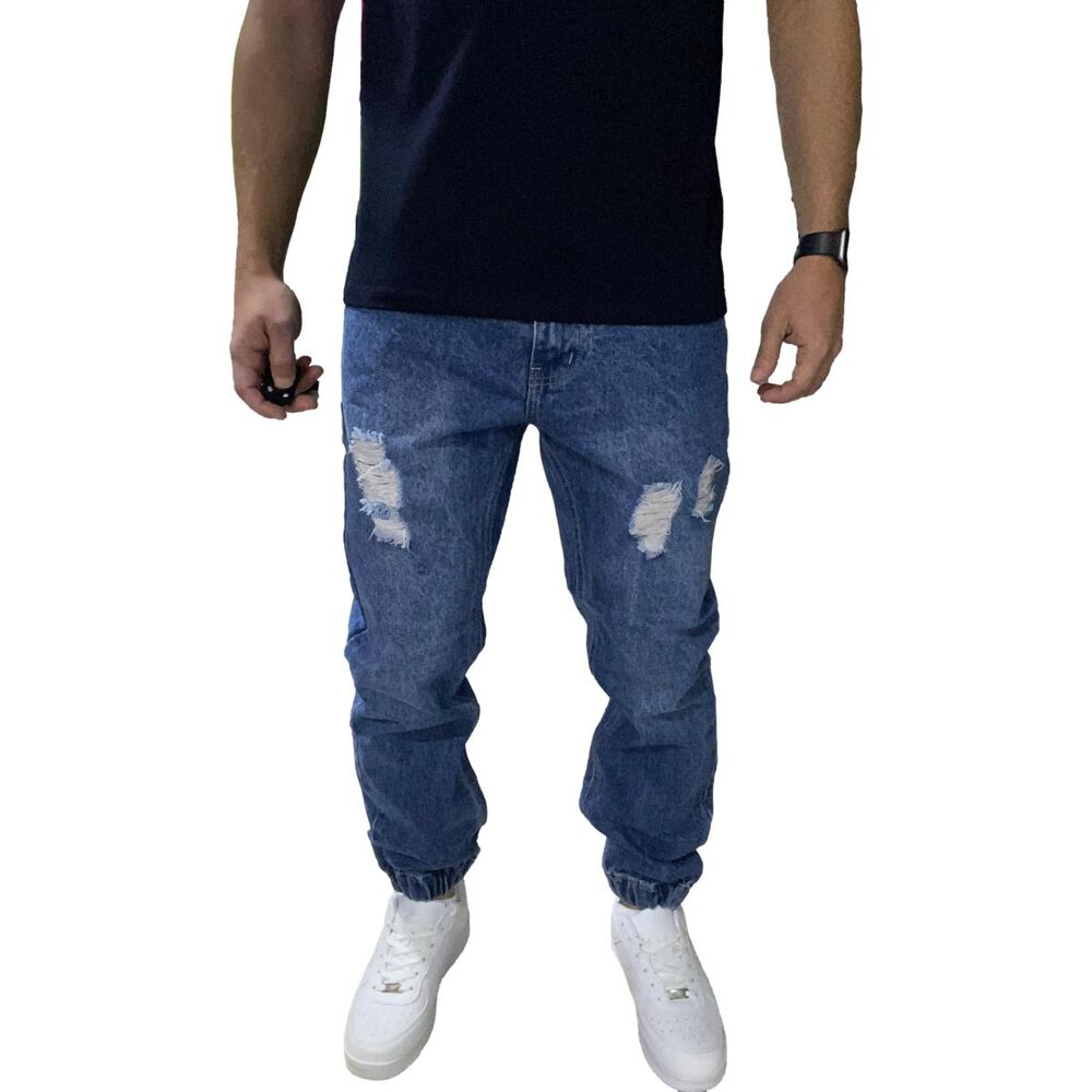 Joggers Jeans Mom Rasgado Tela Rígida Azul image number 1.0