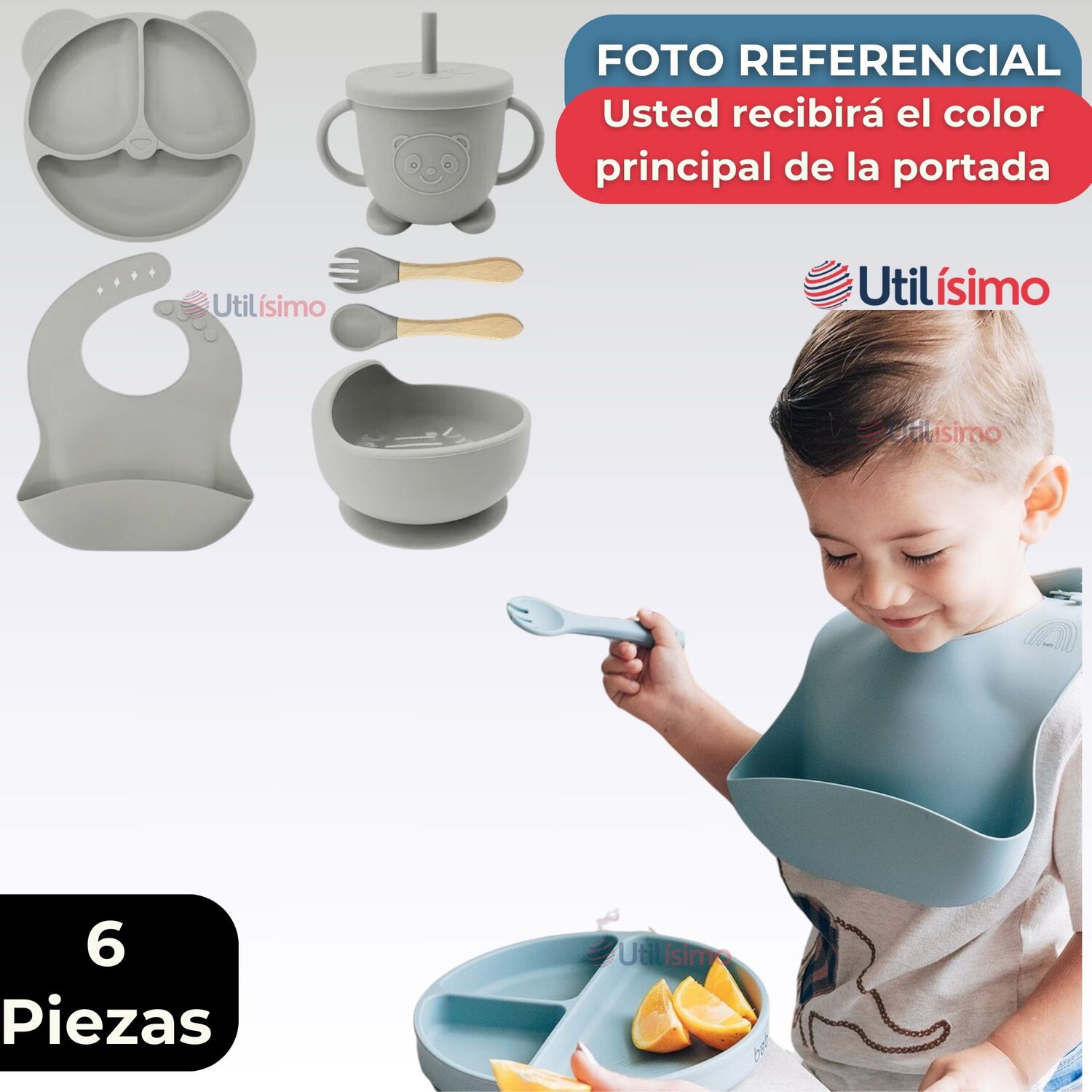 Set De Alimentaci&oacute;n Beb&eacute; Silicona De Oso 6 Piezas Libre Bpa Color Gris image number 5.0