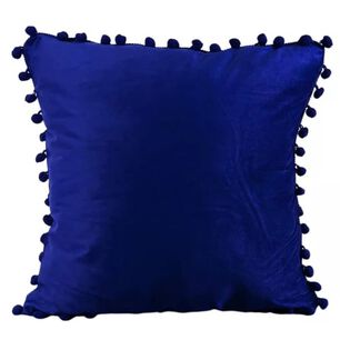 Funda De Cojines Con Pompones. Medida 45x45. Terciopelo. Azul