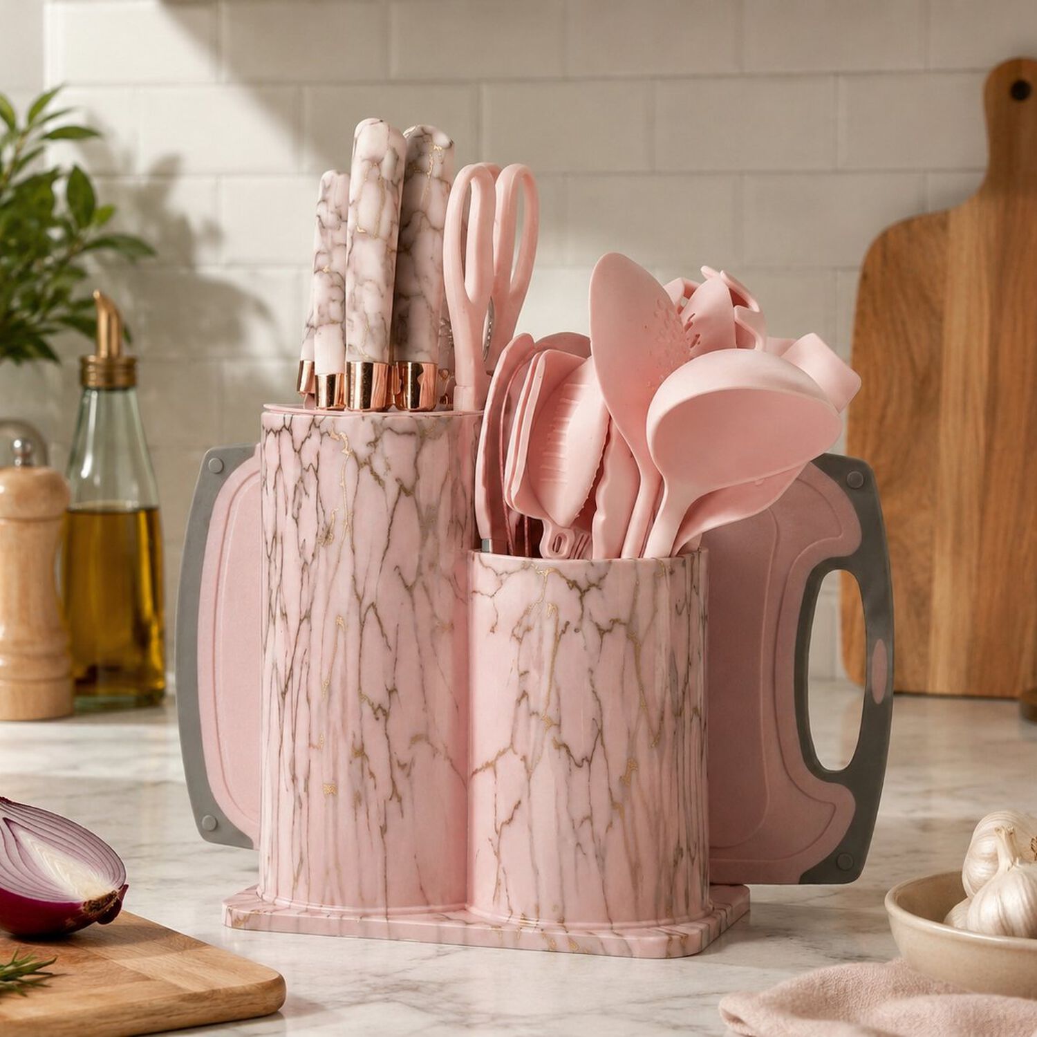 Set Utensilios De Cocina 25 Piezas Marmoleado Rosa Dorado image number 6.0