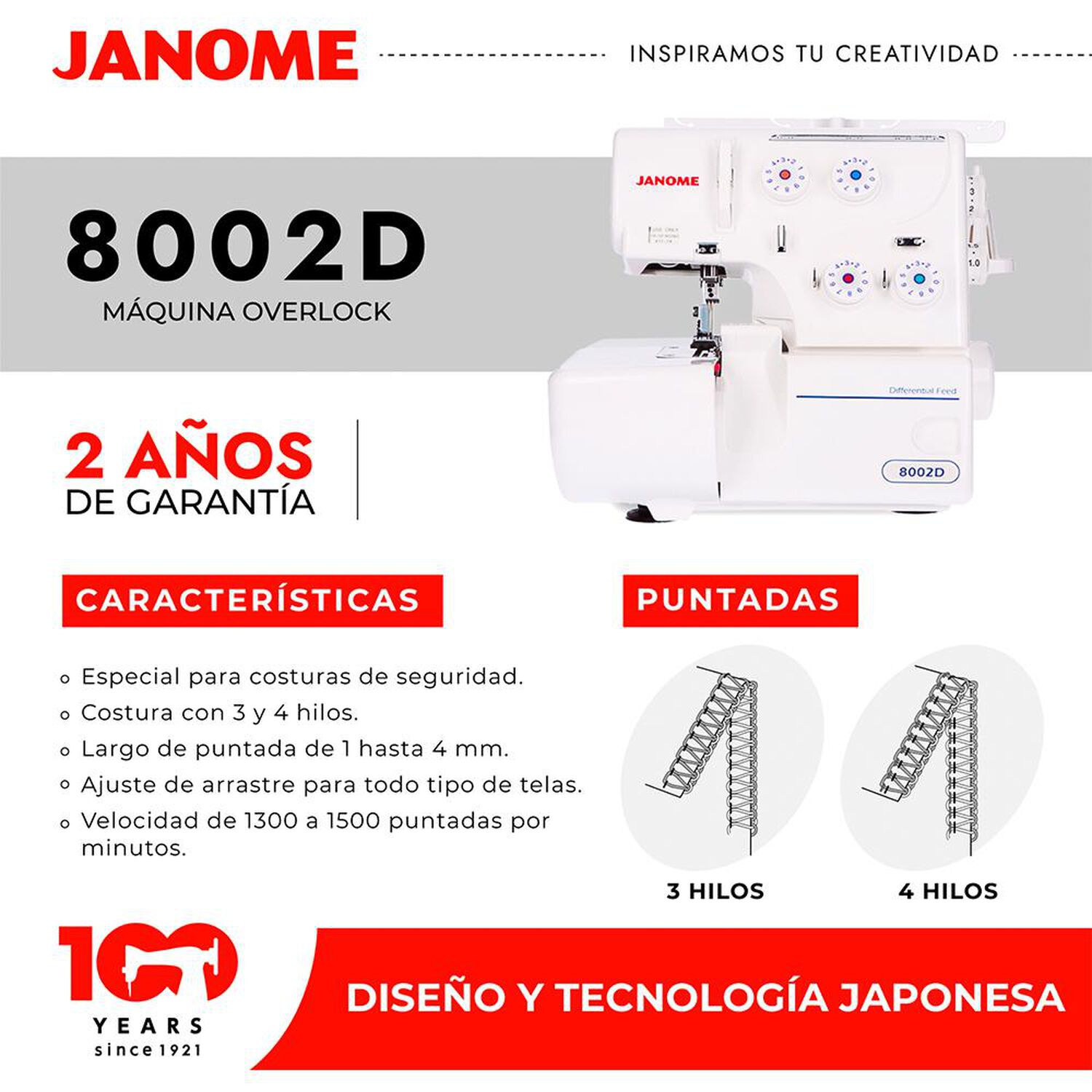 Combo Janome M&aacute;quina Colleretera 2000CPX + M&aacute;quina Overlock 8002D image number 4.0