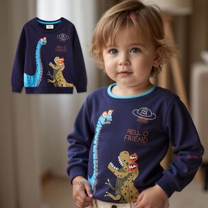 Poler&oacute;n Ni&ntilde;o Manga Larga 100% Algod&oacute;n Azul Dinosaurios