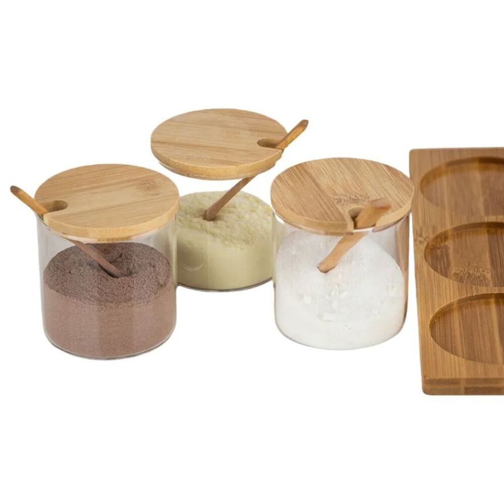 Set 3 Frascos Para Condimentos Vidrio Tapa Bambu Con Soporte image number 2.0