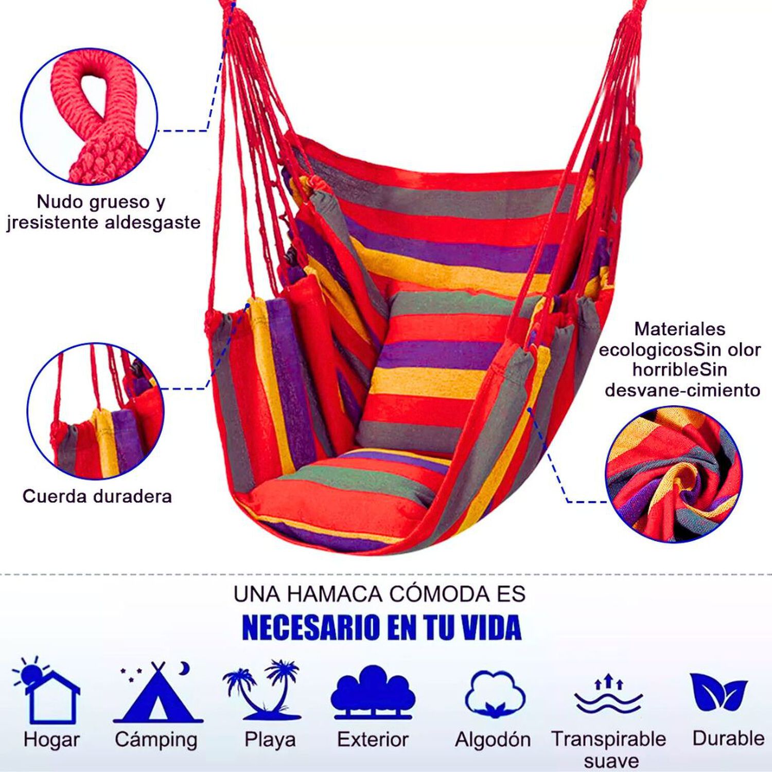 Silla Hamaca Colgante Columpio Con Dos Almohadas Para Jardin Rojo Arcoriris image number 6.0