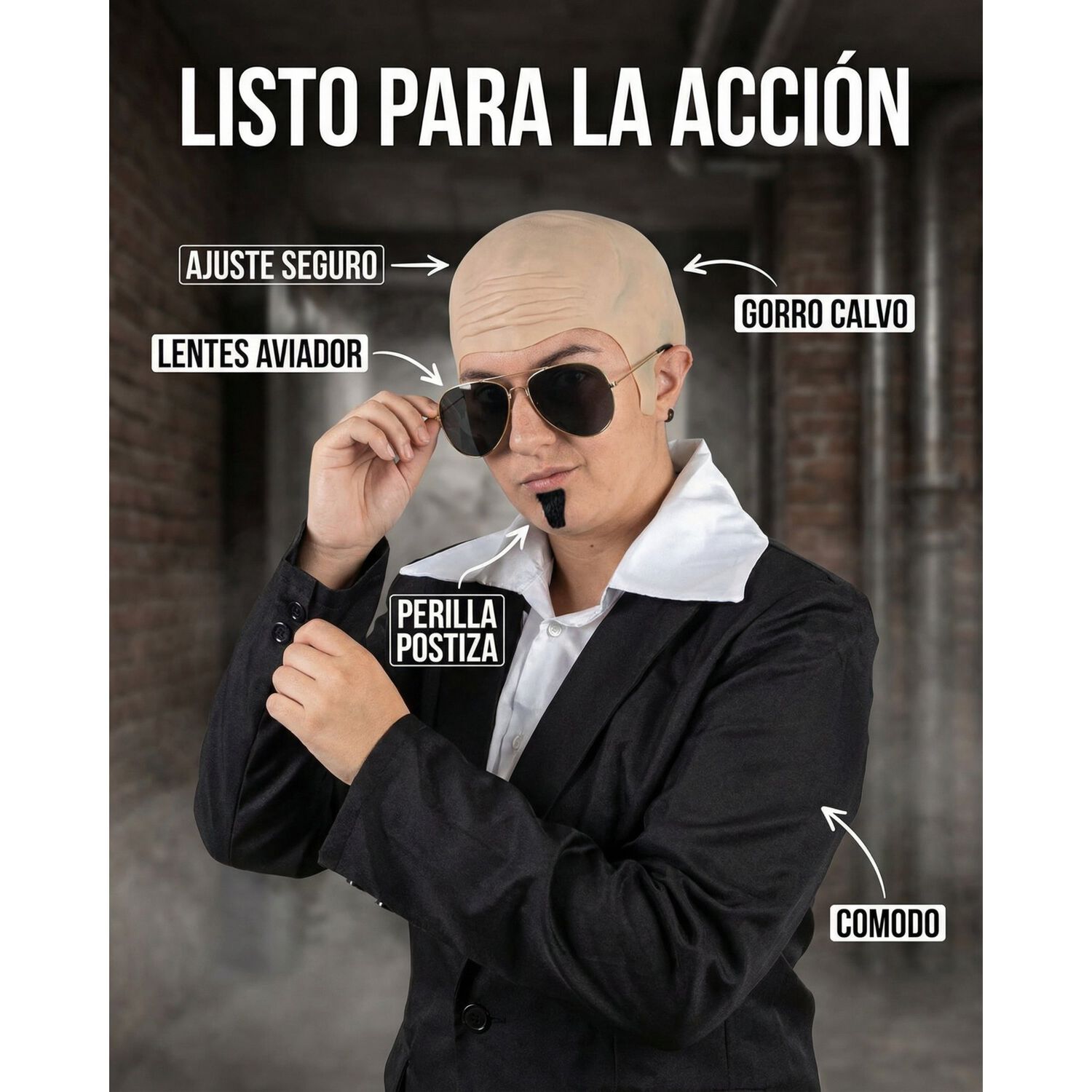 Kit Disfraz Calvo Con Lentes Aviador Y Barba Postiza Cosplay image number 1.0