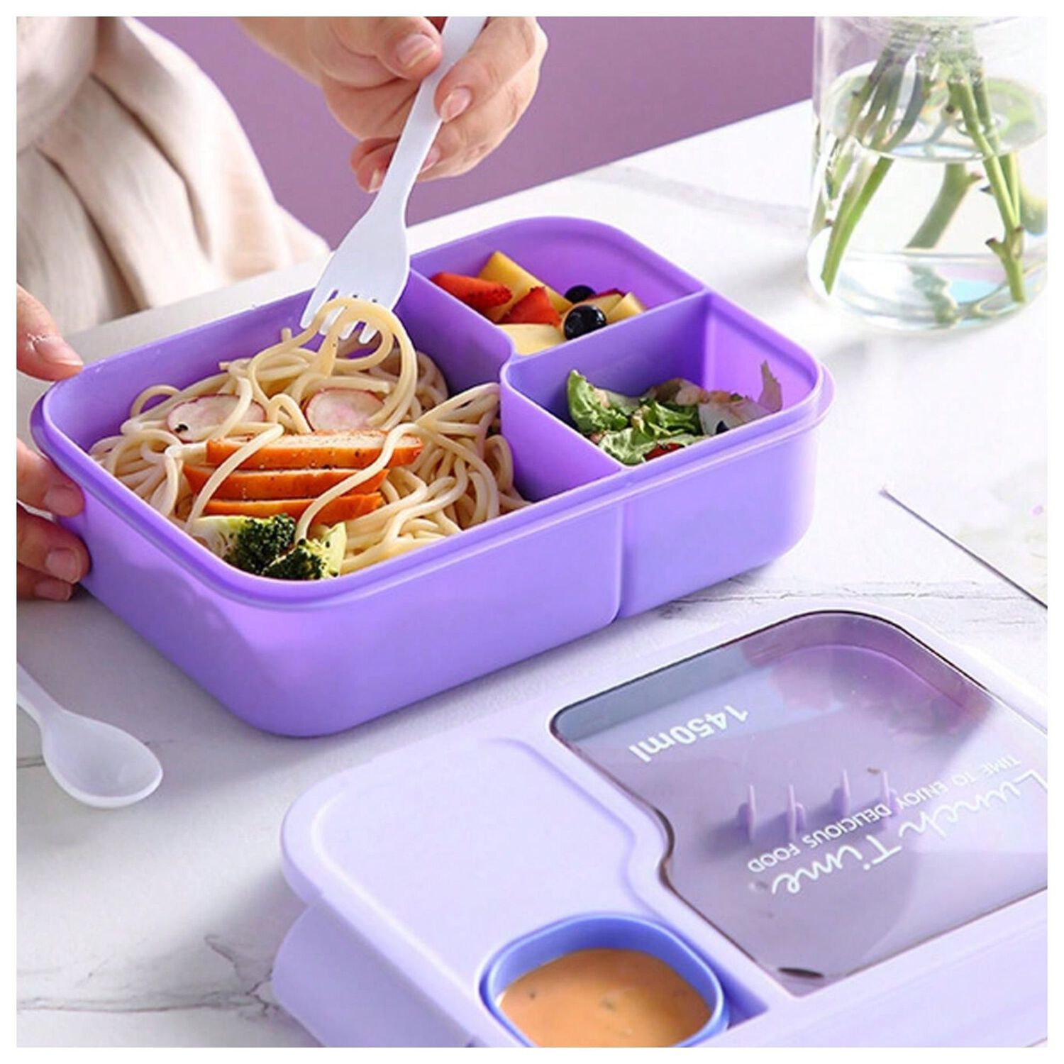 Fiambrera Bento Contenedor De 1450 Ml + Cubiertos T&aacute;per Pl&aacute;stico Purple image number 0.0