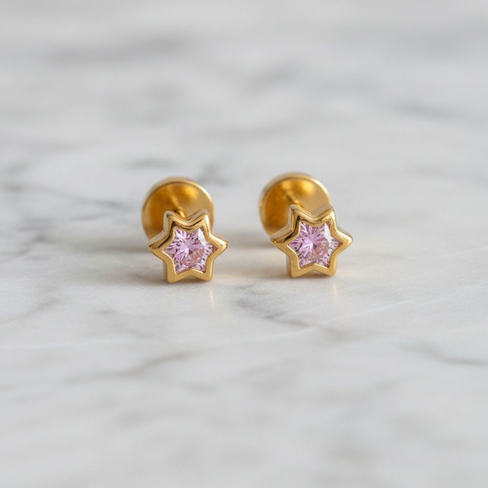 Aros Abridores Estrella 6 Puntas 5 Mm Oro 18k Con Circ&oacute;n Y Tope A Presi&oacute;n image number 2.0