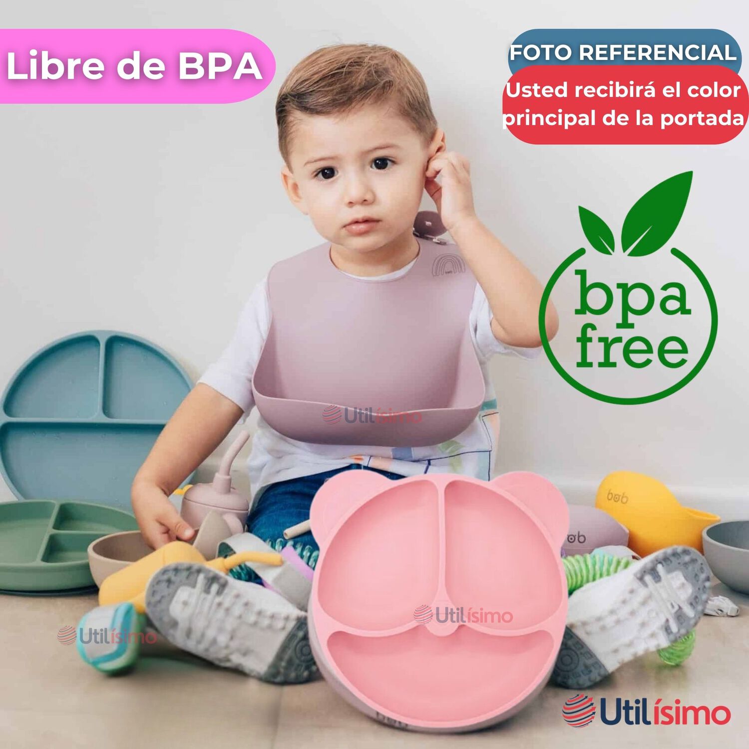 Set De Alimentaci&oacute;n Beb&eacute; Silicona De Oso 6 Piezas Libre Bpa Color Rosa Claro image number 2.0