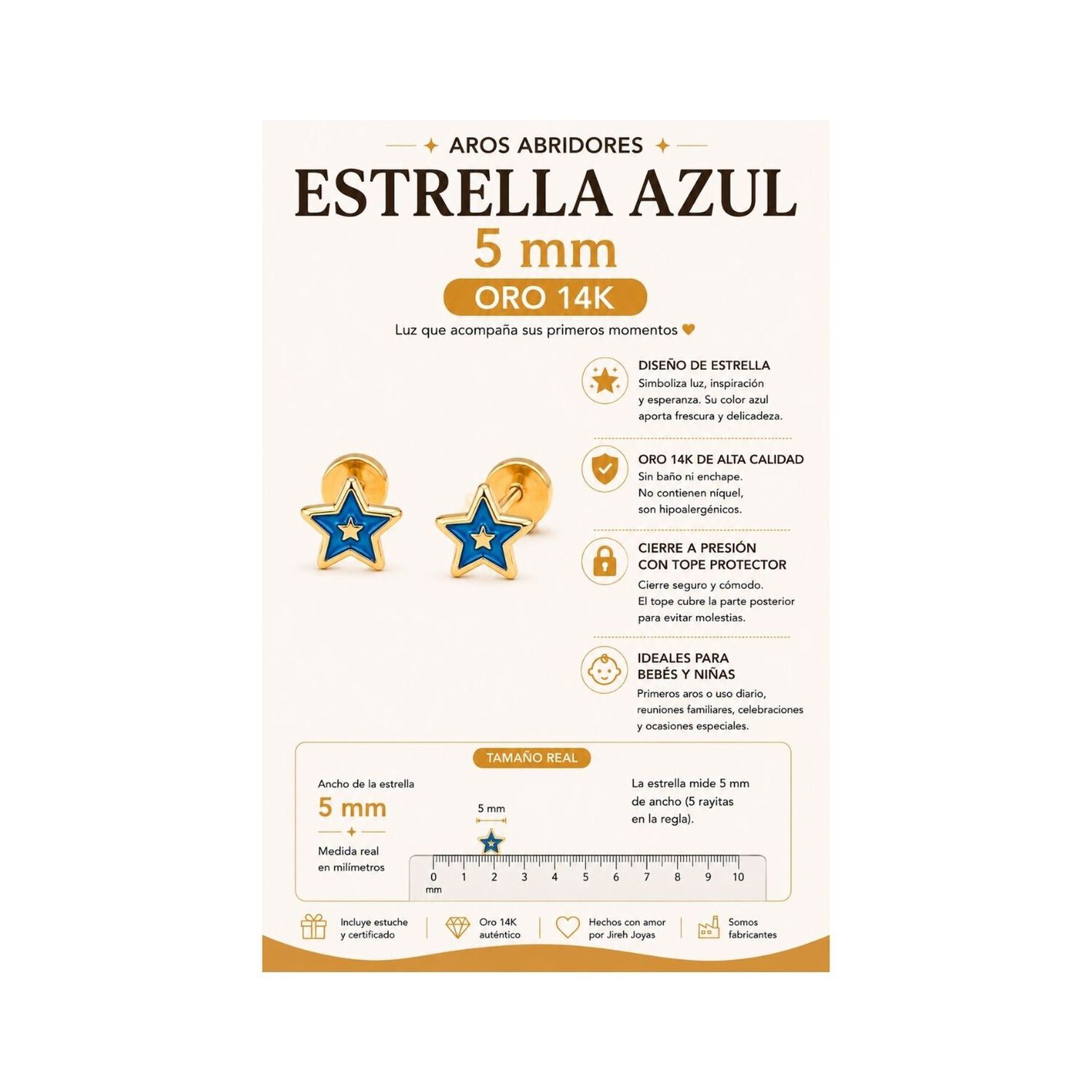 Aros Abridores Estrella Colores 5mm Oro 14k Beb&eacute; Ni&ntilde;a Azul image number 5.0