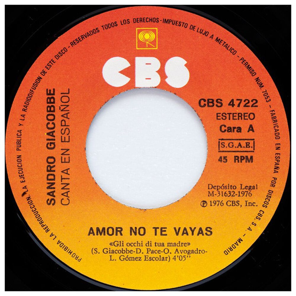 Sandro Giacobbe - Amor No Te Vayas(en Español) | 7" Single Vinilo Usado image number 2.0