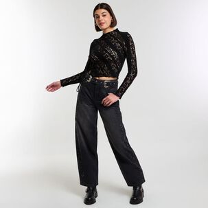 Jeans Tiro Medio Barrel Con Cinturón Mujer Rolly Go Jeans Tiro Medio Barrel Con Cinturón Mujer Rolly Go