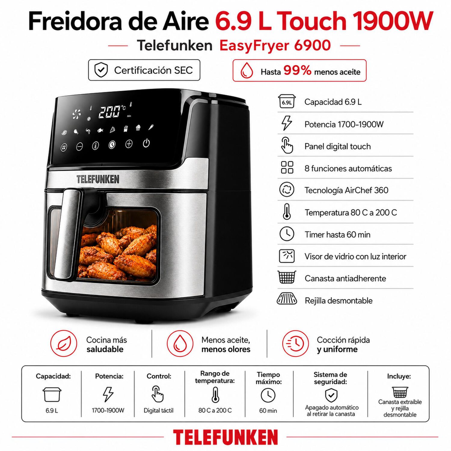 Freidora De Aire 6.9lt Airchef Easyfryer 6900 Touch 1900w image number 6.0
