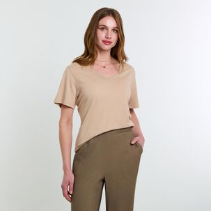 Polera Lisa Manga Corta Cuello V Con Aplicación Strass Mujer Lesage