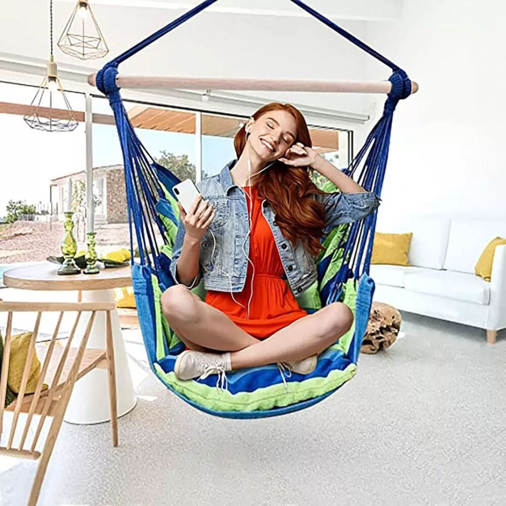 Silla Hamaca Colgante Columpio Con Dos Almohadas Para Jardin Azul Verde image number 4.0