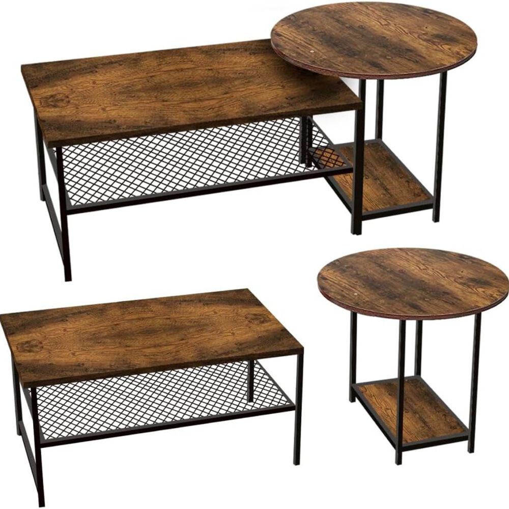 Set Mesas De Centro Rectangular Modular Redonda Estilo Industrial Cubierta Mdf Base Metal Resistente image number 1.0