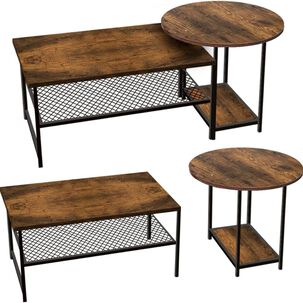 Set Mesas De Centro Rectangular Modular Redonda Estilo Industrial Cubierta Mdf Base Metal Resistente