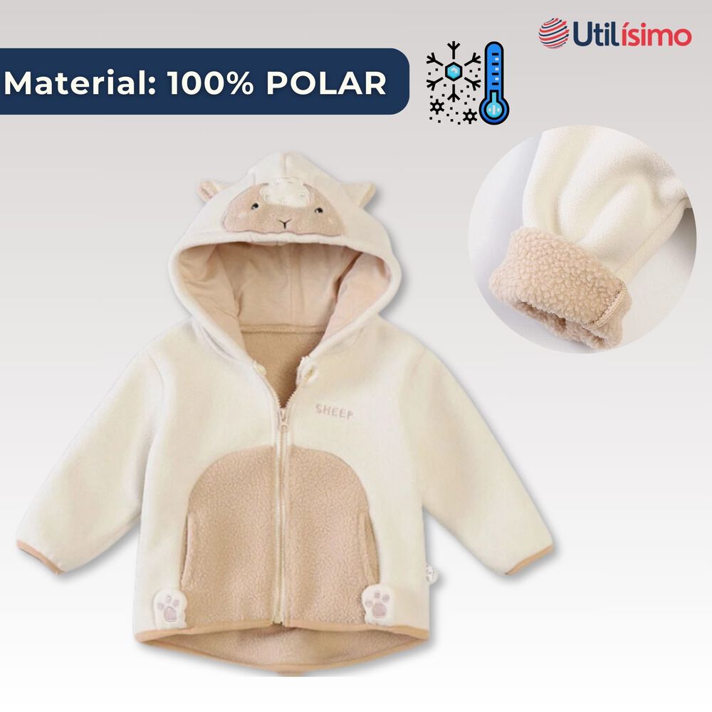 Chaqueta Polar Manga Larga Con Capucha Ni&ntilde;o Y Ni&ntilde;a Beige Oveja image number 1.0