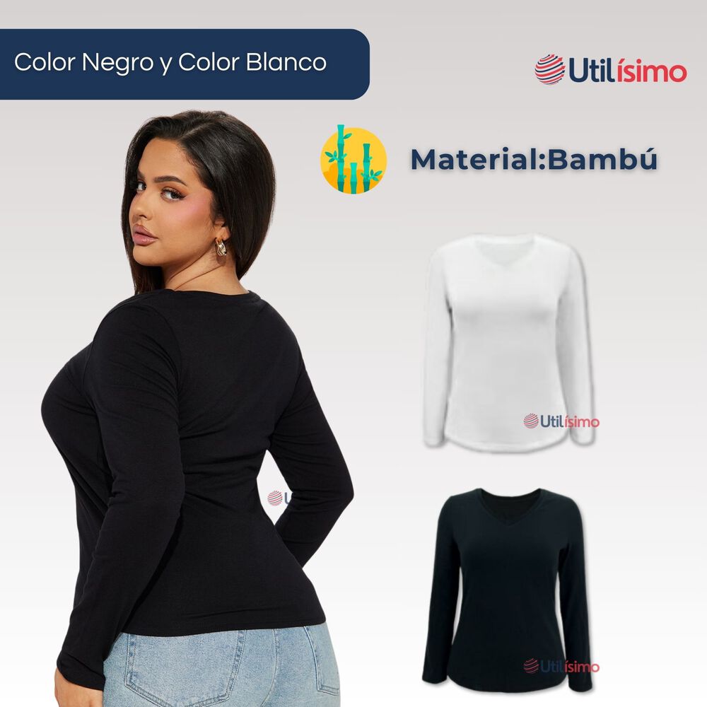 Pack 6 Camiseta Manga Larga Cuello V Bambú Mujer Primera Capa Blanco Y Negro image number 1.0