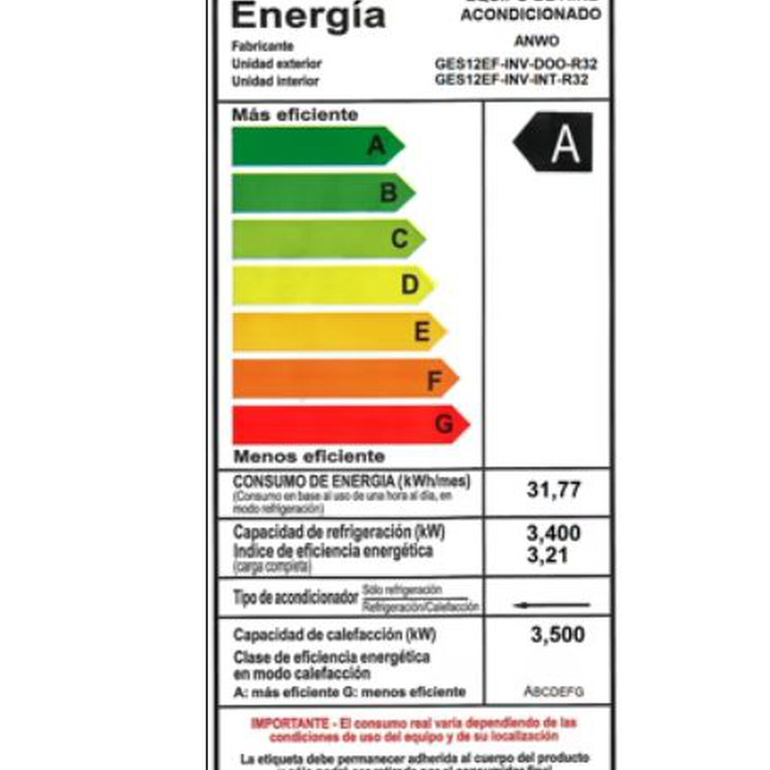 Aire Acondicionado 12000 Btu Tipo Split Muro Anwo Inverter image number 2.0