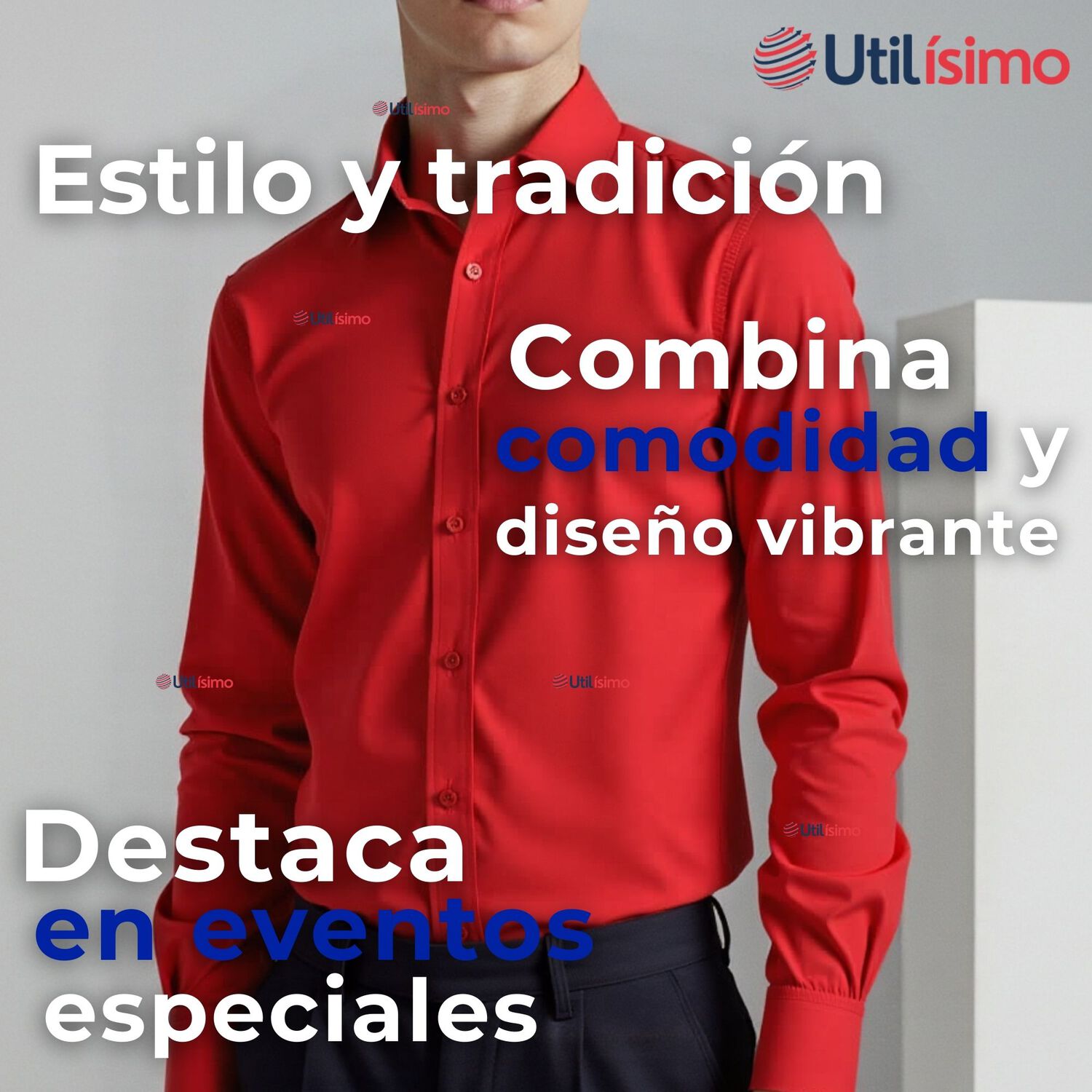 Camisa Casual De Vestir Manga Larga Cuello Americano 100% Algod&oacute;n Rojo image number 4.0