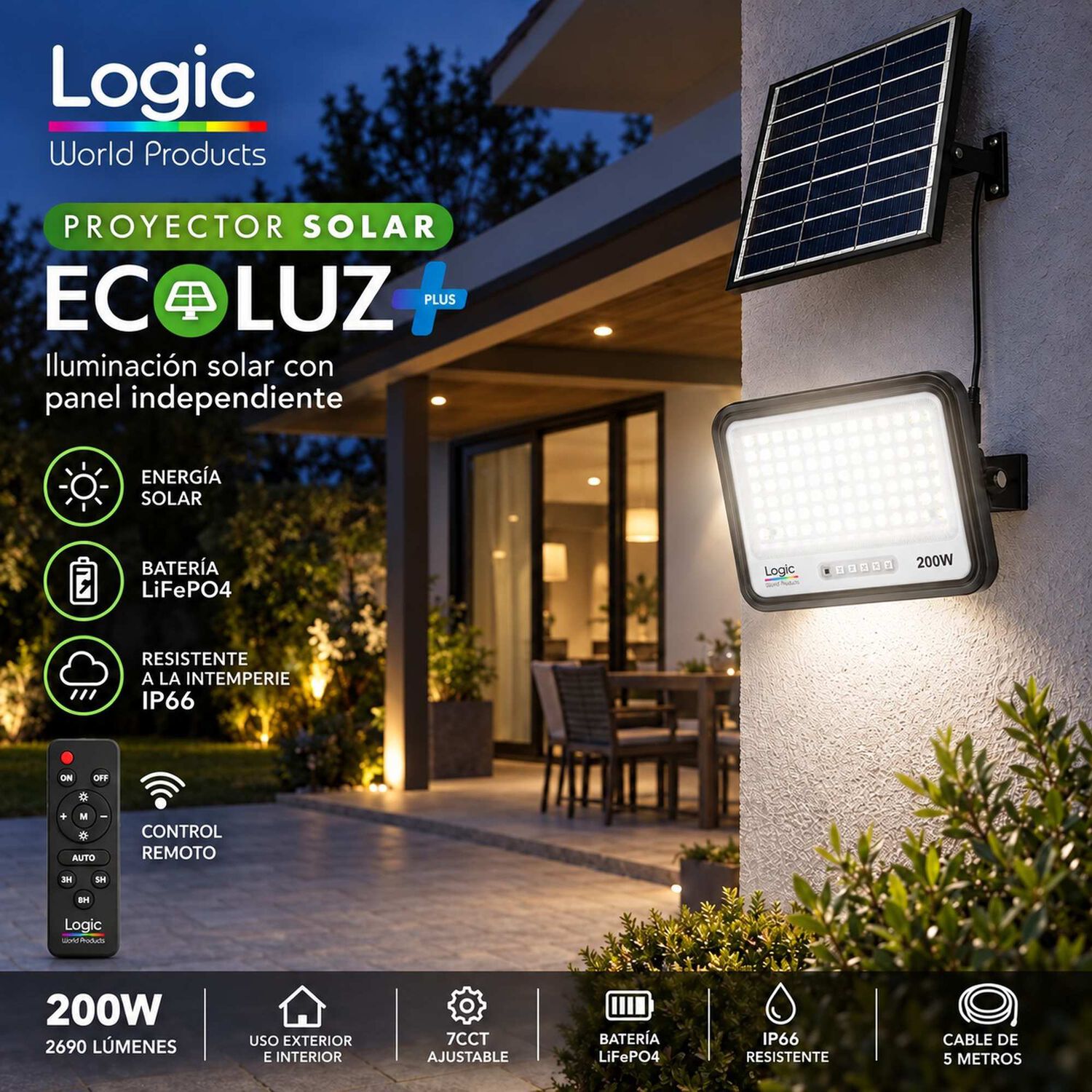 Proyector Led 200w Ip68 Con Panel Solar Independiente + Cable 5mt image number 3.0