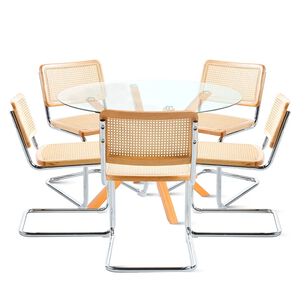 Comedor Mesa Redonda De Vidrio Cross 120cm + 5 Sillas Breuer Madera
