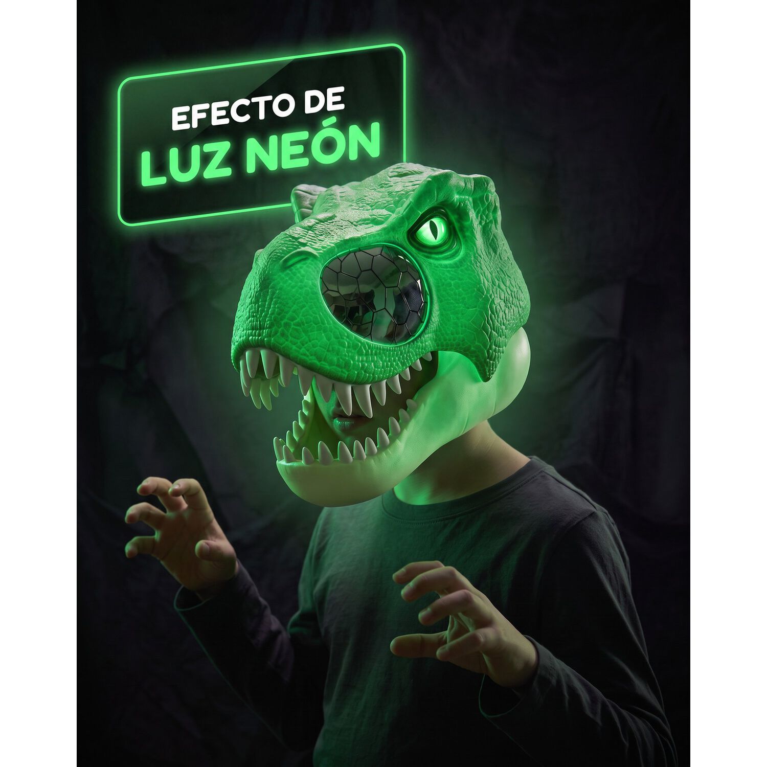 Mascara Infantil De Dinosaurio Rex Ne&oacute;n Luz Y Movimiento image number 5.0