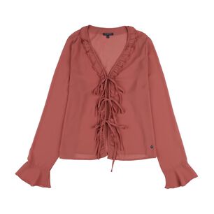 Blusa Lisa Con Aplicaci&oacute;n Y Vuelo En Escote Y Mangas Mujer Kimera