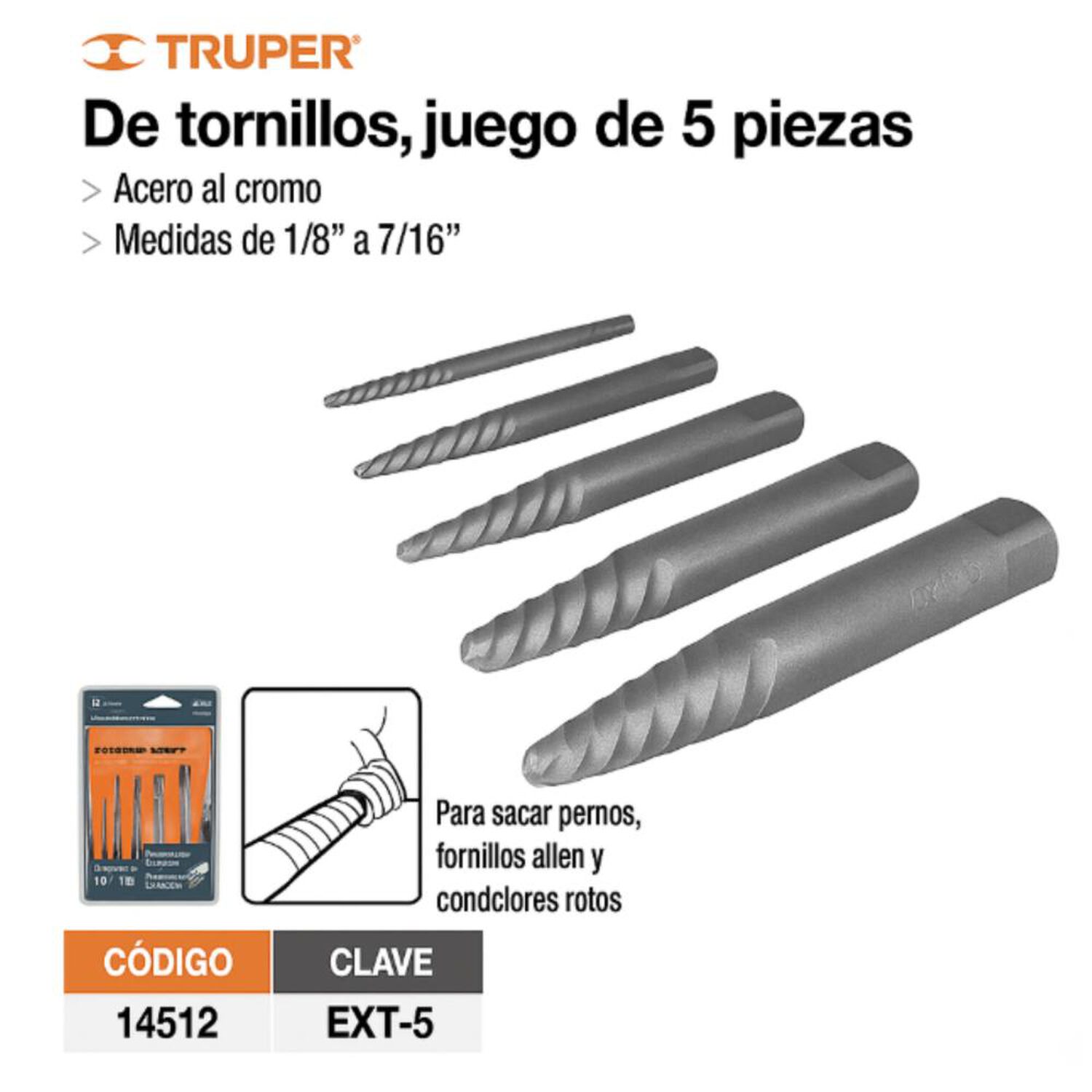 Juego Extractor De Tornillos 1/8 A 3/4 5 Pzs Truper Ext-5 image number 2.0